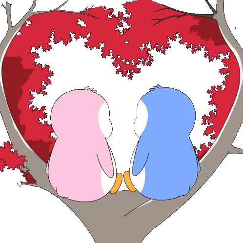 Dos pingüinos en rama mirando árbol de corazones Sticker