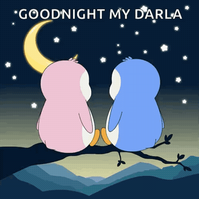 Two Penguins On Branch Saying Goodnight My Darla GIF