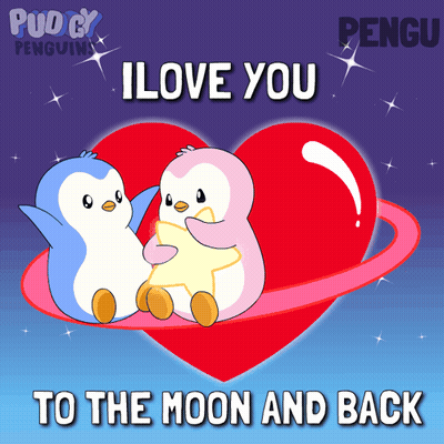 Two Penguins On Heart Saying I Love You To The Moon And Back GIF