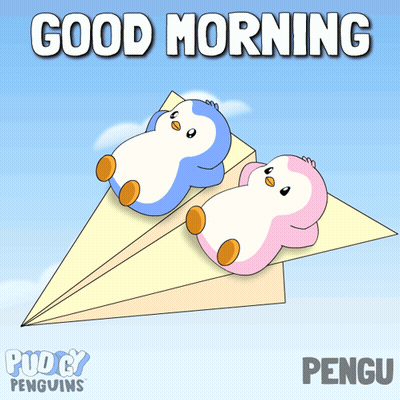 Two Penguins On Paper Airplane Saying Good Morning Penguins GIF