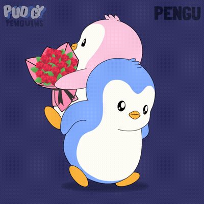 Two Penguins On Sled With Word Pengu GIF