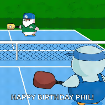 Two Penguins On Tennis Court Saying Happy Birthday Phil GIF