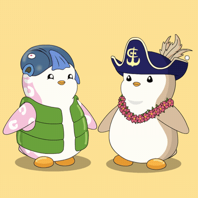 Two Penguins One Wearing A Pirate Hat And The Other Wearing A Flower Lei GIF