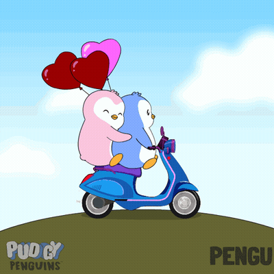 Two Penguins Riding Scooter Holding Balloons Saying Pengu GIF