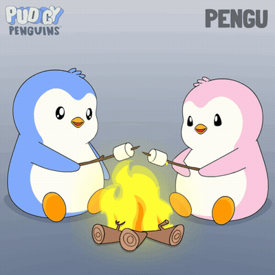 Two Penguins Roasting Marshmallows By Fire With Pengu GIF