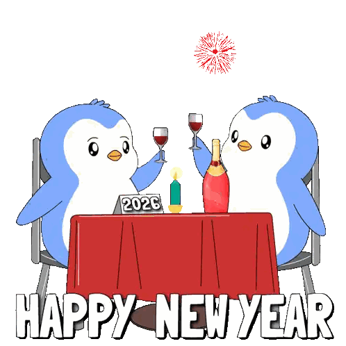 Two Penguins Sitting At Table With 2026 Sign Sticker