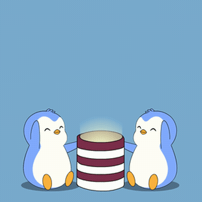 Two Penguins Sitting Next To A Green Candle With Melted Wax GIF