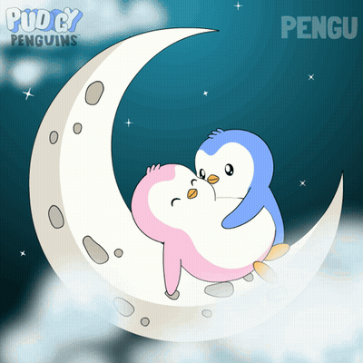 Two Penguins Sitting On Crescent Moon With Pengu GIF