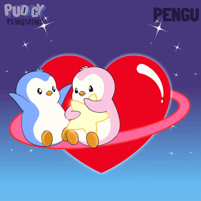 Two Penguins Sitting On Heart With Word Pengu GIF