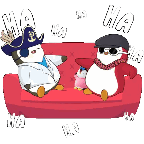 Two Penguins Sitting On Red Couch Laughing Sticker