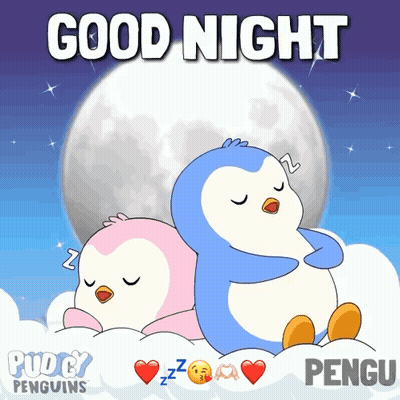 Two Penguins Sleeping On Cloud Saying Good Night Pengu GIF