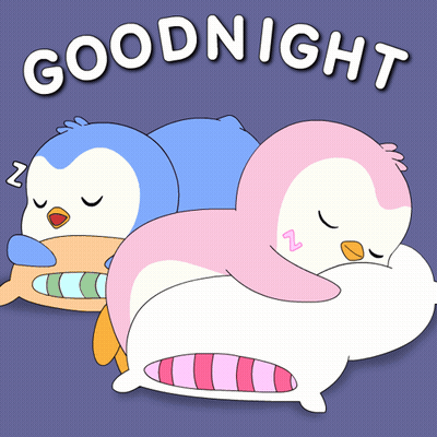 Two Penguins Sleeping On Pillows Saying Goodnight GIF