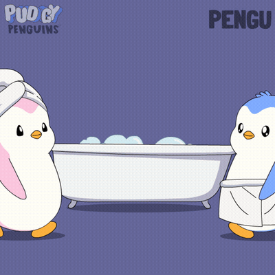 Two Penguins Standing By Bathtub With Hearts And Word Pengu GIF
