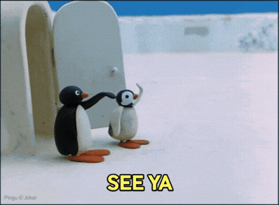 Two Penguins Standing In Front Of Igloo GIF