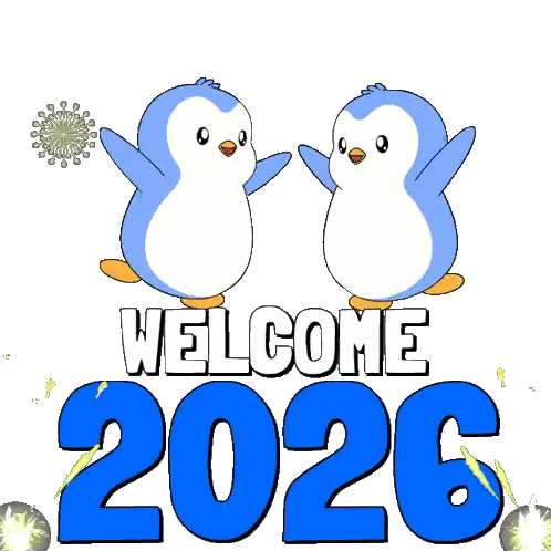 Two Penguins Standing In Front Of Welcome 2026 Sign Sticker