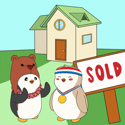 Two Penguins Standing Next To A Sold Sign GIF