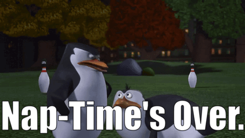 Two Penguins Standing Next To Each Other With The Words Nap-Time 'S Over Written Below Them GIF