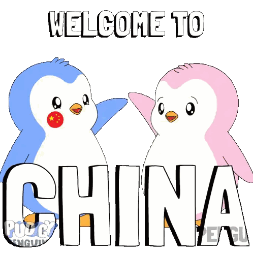 Two Penguins Standing Next To Each Other With The Words Welcome To China Behind Them Sticker