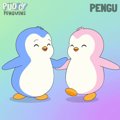 Two Penguins Standing Next To Pudgy Penguins Poster GIF