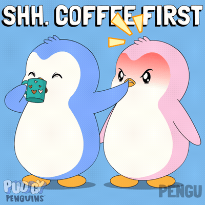 Two Penguins Standing Shh Coffee First GIF