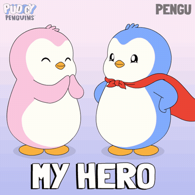 Two Penguins Standing Together Saying My Hero GIF