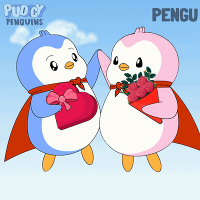 Two Penguins Standing Together With Word Pengu GIF