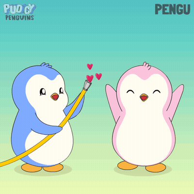 Two Penguins Standing Together With Word Pengu GIF