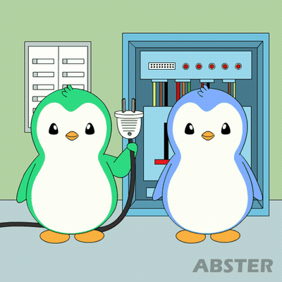 Two Penguins Standing With Abster Logo GIF