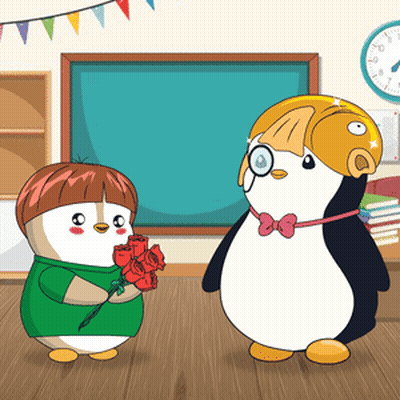 Two Penguins Standing With Roses GIF