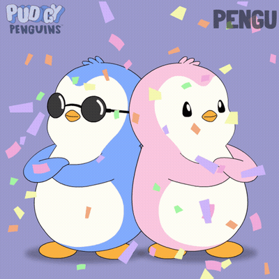 Two Penguins Standing With Word Pengu GIF