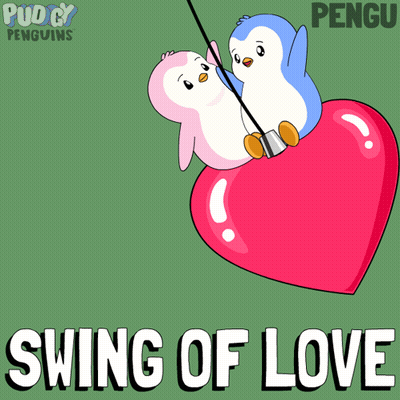 Two Penguins Swinging On A Heart With The Words Swing Of Love Written Below Them GIF
