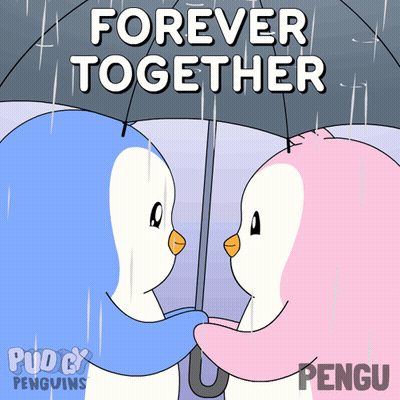 Two Penguins Under Umbrella Forever Together GIF