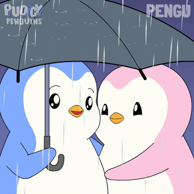 Two Penguins Under Umbrella Saying Puddy Penguins GIF