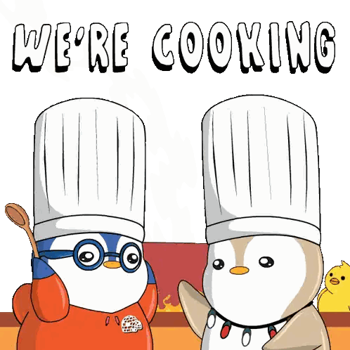 Two Penguins Wearing Chef Hats With The Words " We 'Re Cooking " Below Them Sticker