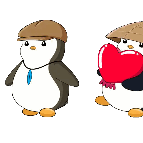 Two Penguins Wearing Hats And Scarves Are Standing Next To Each Other On A White Background Sticker