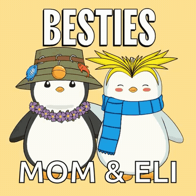 Two Penguins Wearing Hats And Scarves Are Standing Next To Each Other With The Words Besties Mom & Eli Below Them GIF
