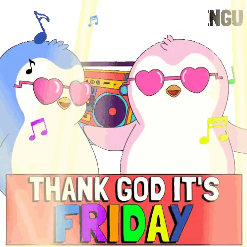 Two Penguins Wearing Heart Shaped Sunglasses Are Holding A Boombox And A Sign That Says Thank God It 'S Friday Sticker