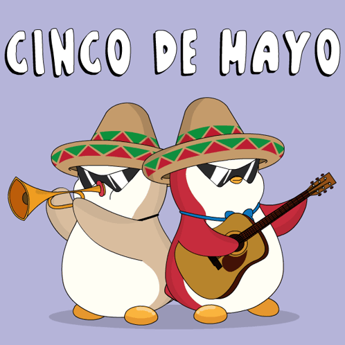 Two Penguins Wearing Sombrero Hats And Sunglasses Are Playing Instruments With The Words Cinco De Mayo Written Above The GIF