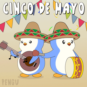 Two Penguins Wearing Sombrero Hats Are Playing Guitar And Drum In A Cinco De Mayo Poster GIF