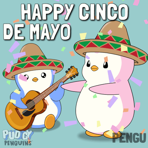 Two Penguins Wearing Sombrero 'S And Playing Guitars With The Words Happy Cinco De Mayo Above Them GIF