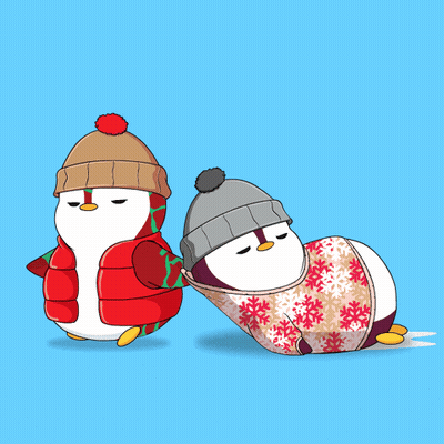 Two Penguins Wearing Sweaters And Hats With Snowflakes GIF