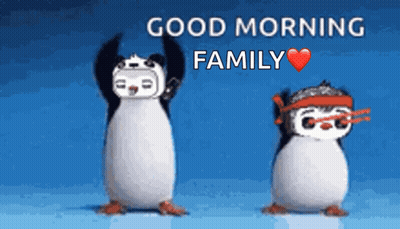 Two Penguins With Arms Up Good Morning GIF