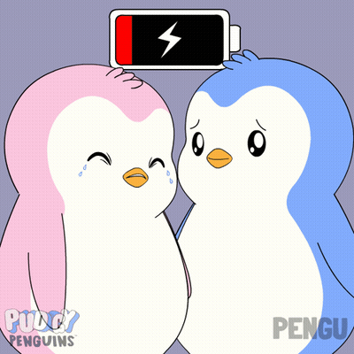 Two Penguins With Battery On Head Saying Pudgy Penguins GIF