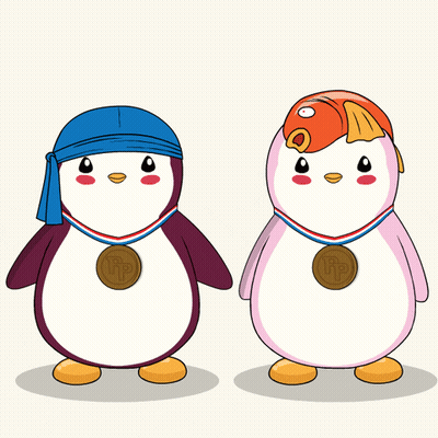 Two Penguins With Medals Around Their Necks With The Letters Rp On Them GIF