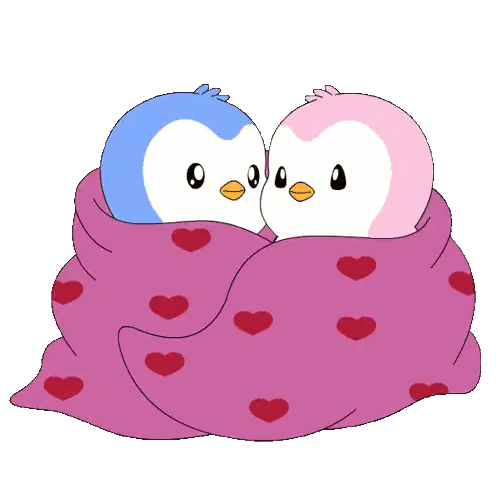 Two Penguins Wrapped In Pink Blanket With Hearts Sticker