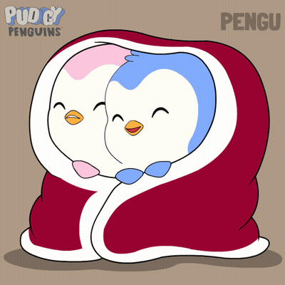 Two Penguins Wrapped in Red Blanket With Word Pengu