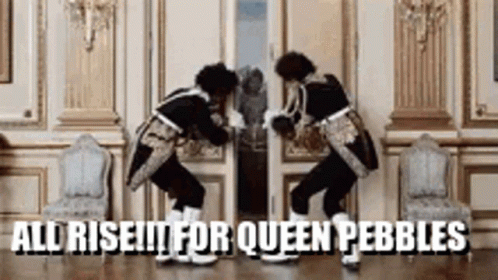 Two People Are Dancing In A Room With The Words `` All Rise !!! For Queen Pebbles '' Written Above Them . GIF
