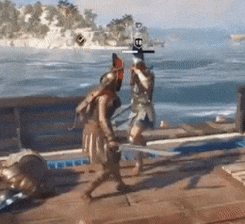 Two People Are Fighting On A Boat In A Video Game GIF