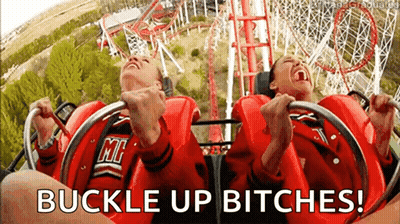 Two People Are Riding A Roller Coaster With The Words Buckle Up Bitches GIF