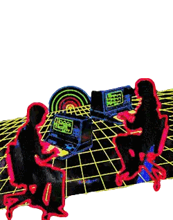 Two People Are Sitting In Front Of A Computer Screen That Says ' Head World ' Sticker